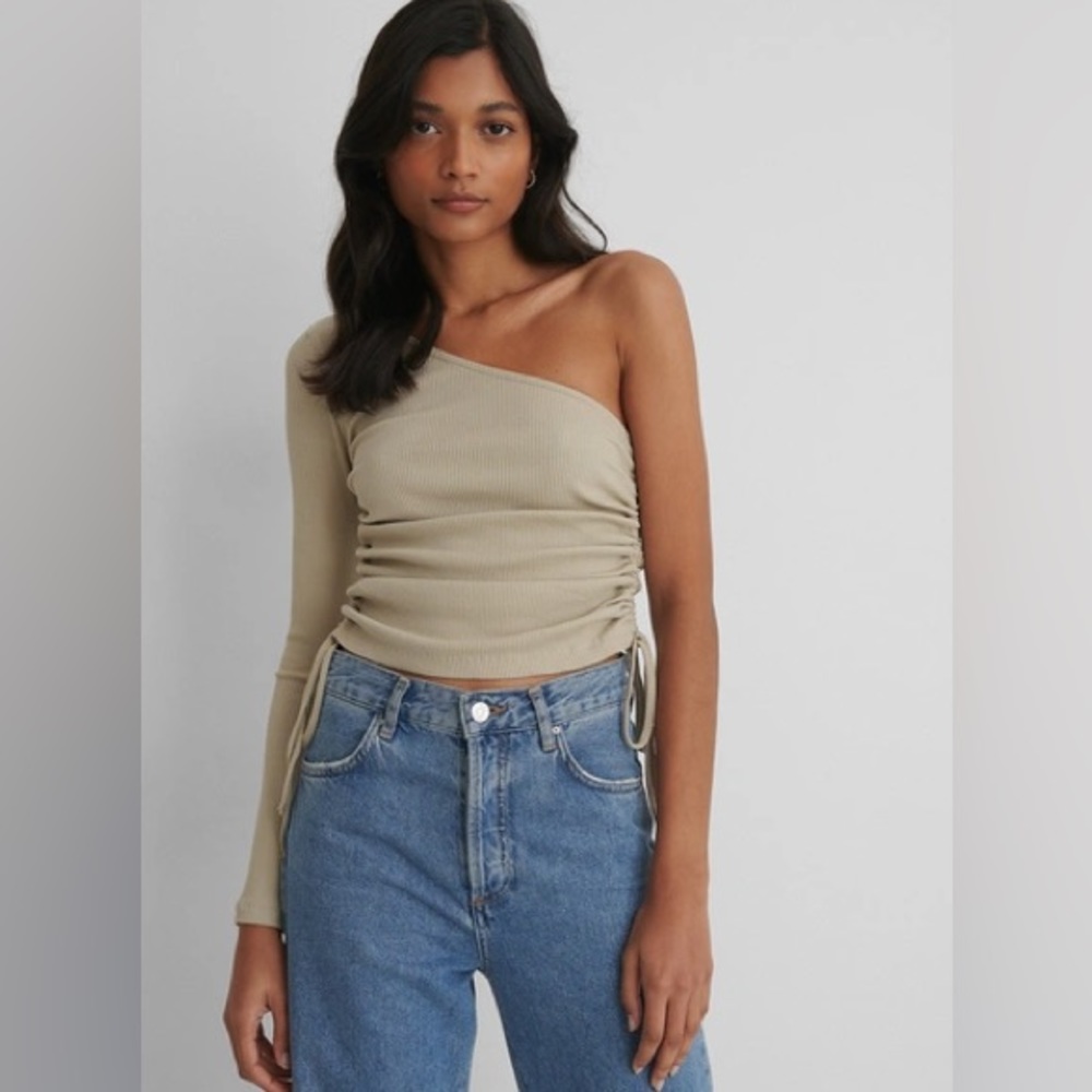 Naked Reborn Taupe, Ribbed l, Adjustable,  Tie Waist, One Shoulder Top - Small